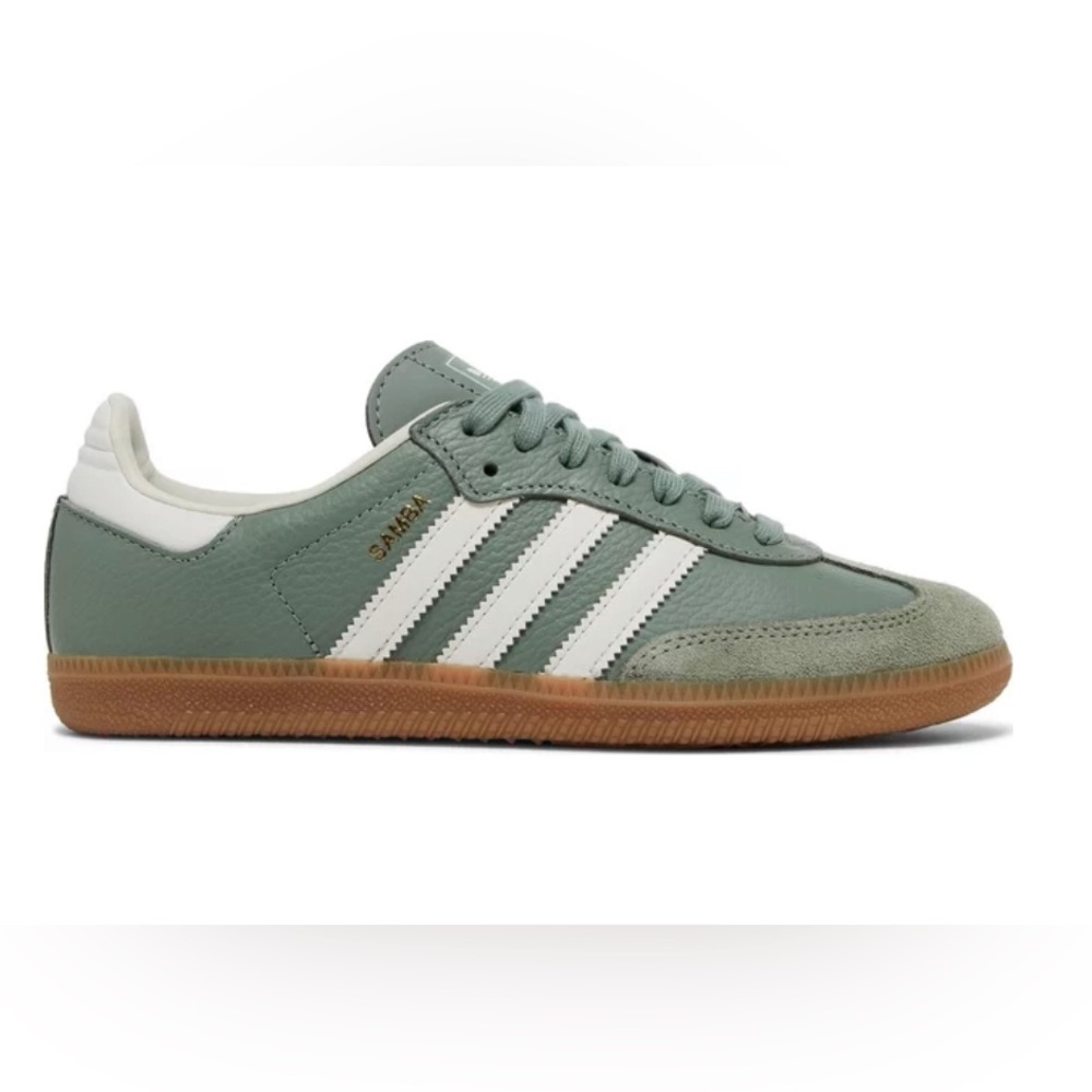 adidas Samba Sneakers in Sage Green with White Stripes and Gum Sole